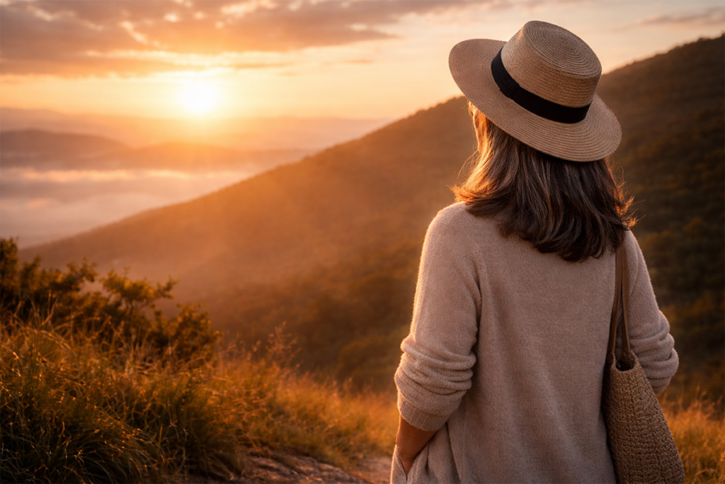 Woman at sunrise representing growth, reinvention, and confidence for women embracing life at every age