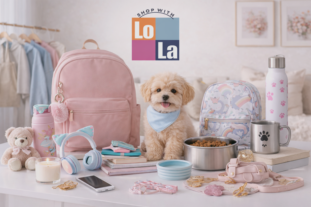 Lifestyle product display featuring apparel, backpack, pet supplies and kids accessories for Shop with Lola If you want it slightly stronger for keywords: Shop with Lola lifestyle product collection including hoodies, backpack, pet supplies and kids accessories