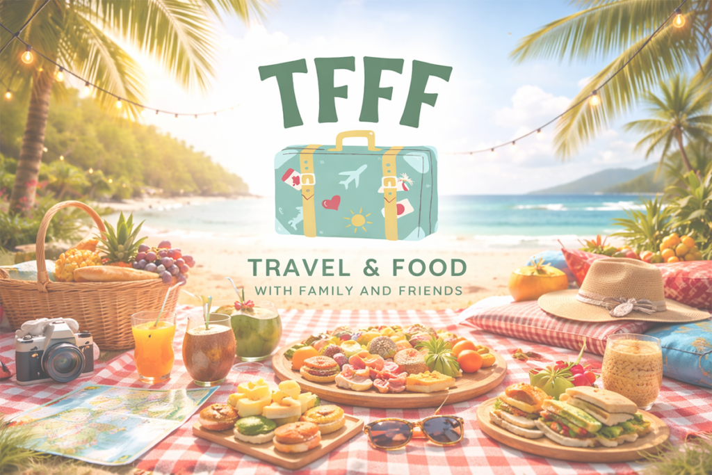 Travel and food experiences with family and friends featuring beach picnic and suitcase for TFFF lifestyle project